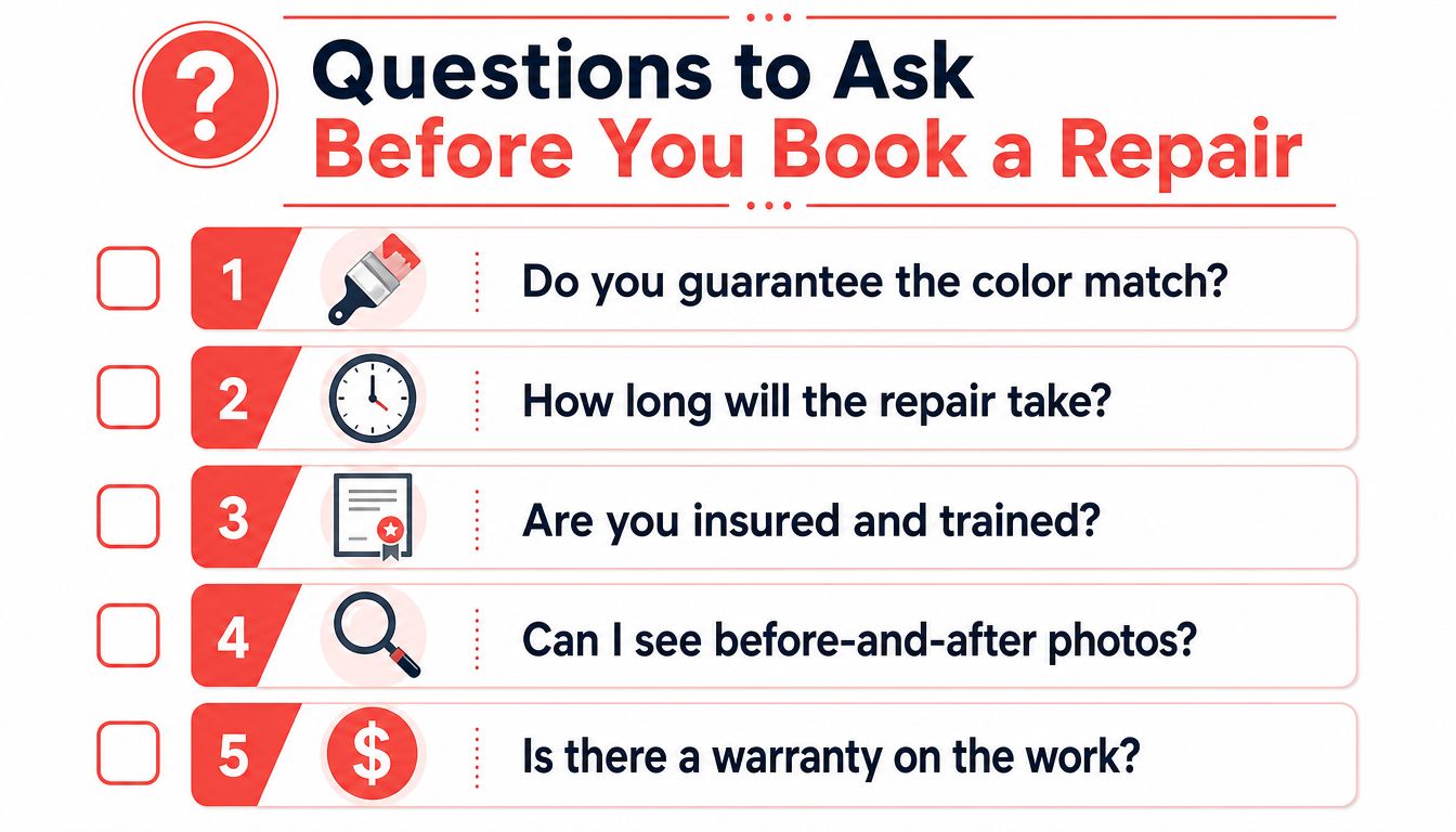 A checklist infographic titled Questions to Ask Before You Book a Repair with five key repair questions.