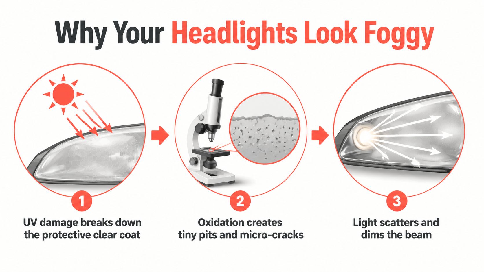 A diagram illustrating why vehicle headlights become foggy due to UV damage, oxidation, and light scattering.