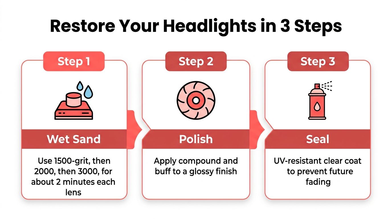 A simple three-step infographic showing how to restore headlights by wet sanding, polishing, and sealing them.