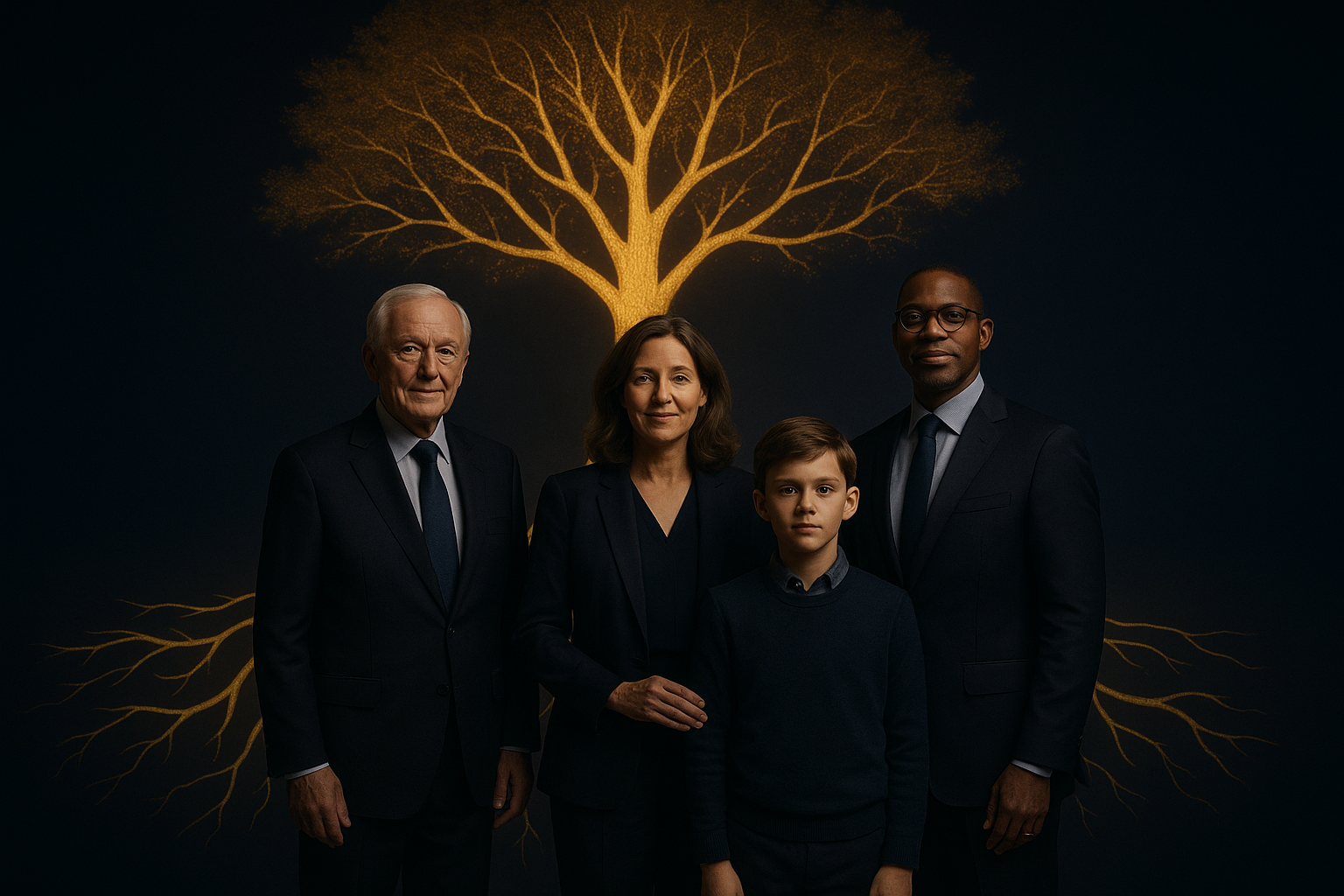 Family standing together beneath a glowing tree symbolizing legacy, unity, and Generational Growth’s mission to grow and give with abundance