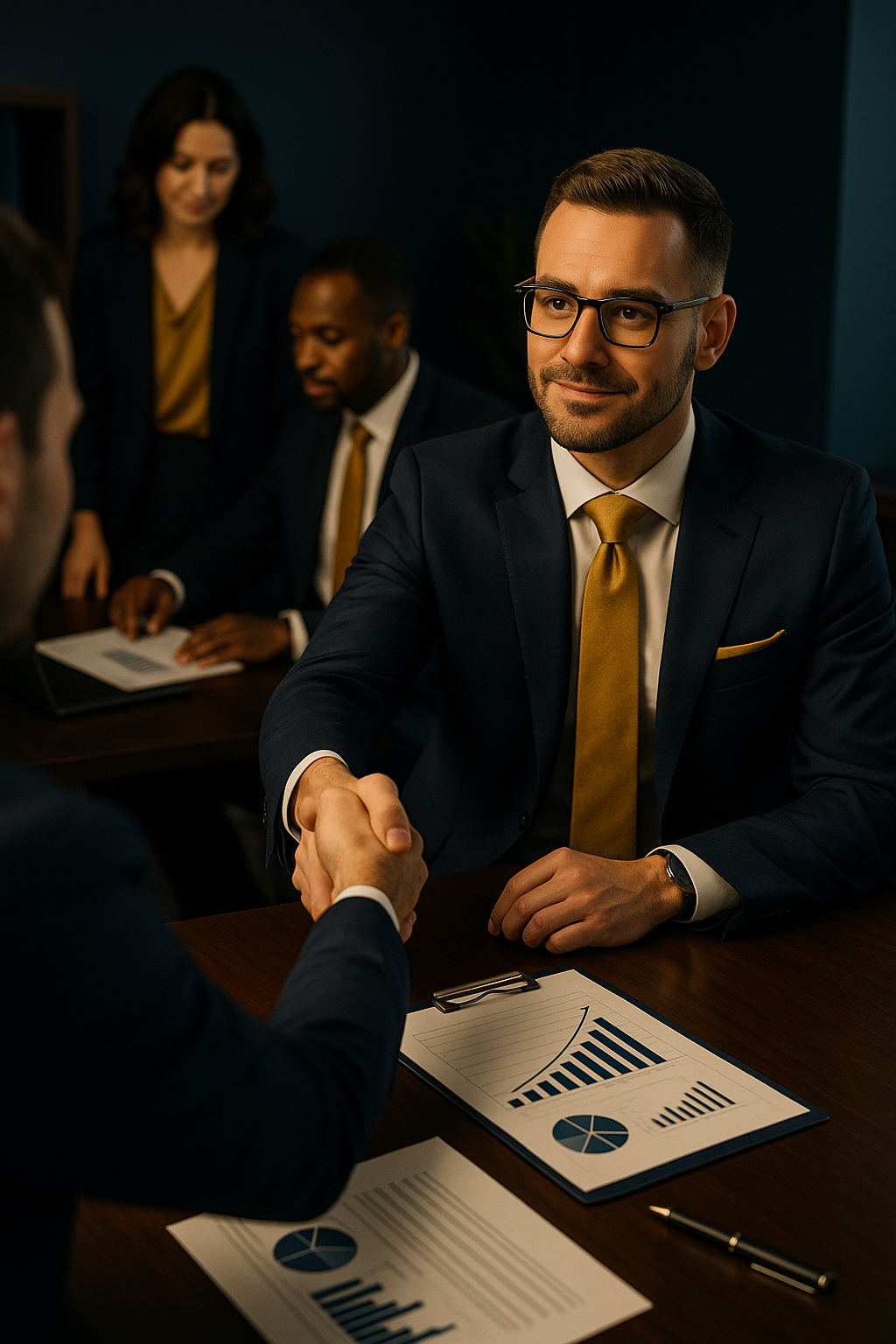 Confident professional discussing private banking strategies representing financial control