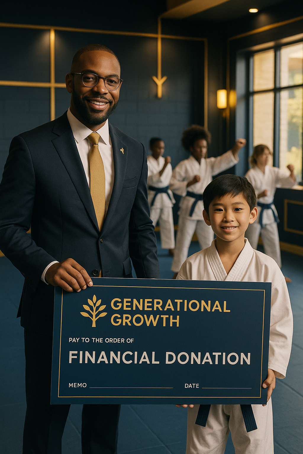 Generational Growth founder presenting a financial donation to a youth martial arts student, representing community giving and purpose-driven wealth