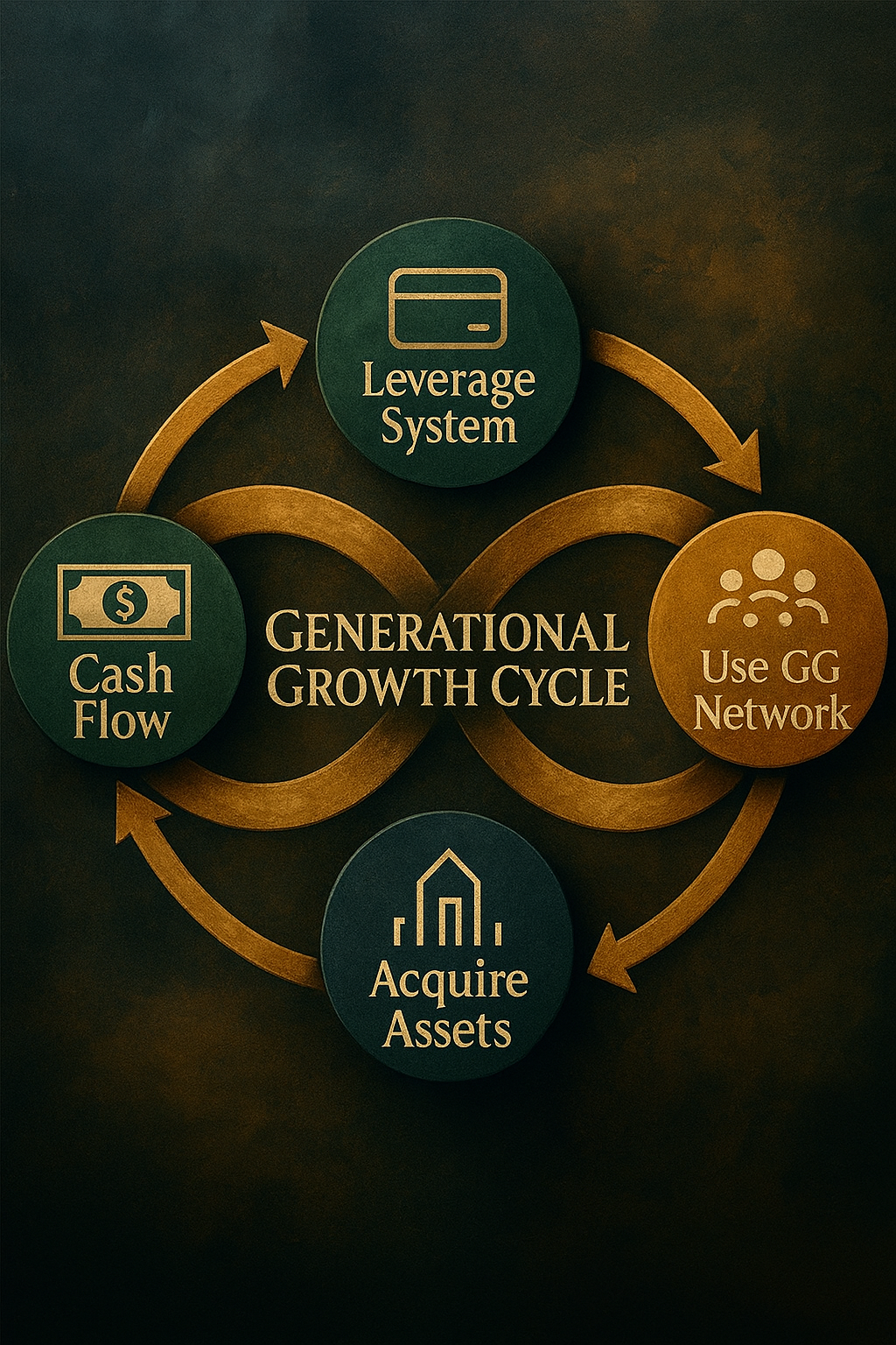 Diagram showing the Generational Growth Cycle with four connected elements: Leverage System, Acquire Assets, Cash Flow, and Use GG Network