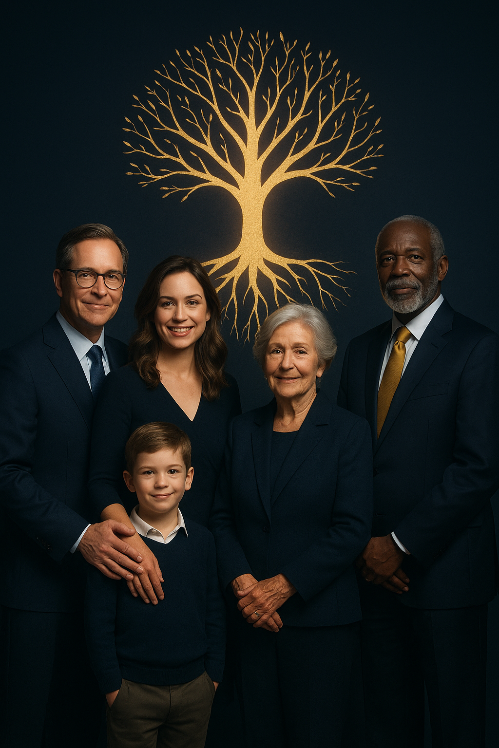 Generational Growth family portrait under a golden tree symbolizing legacy, purpose, and financial growth