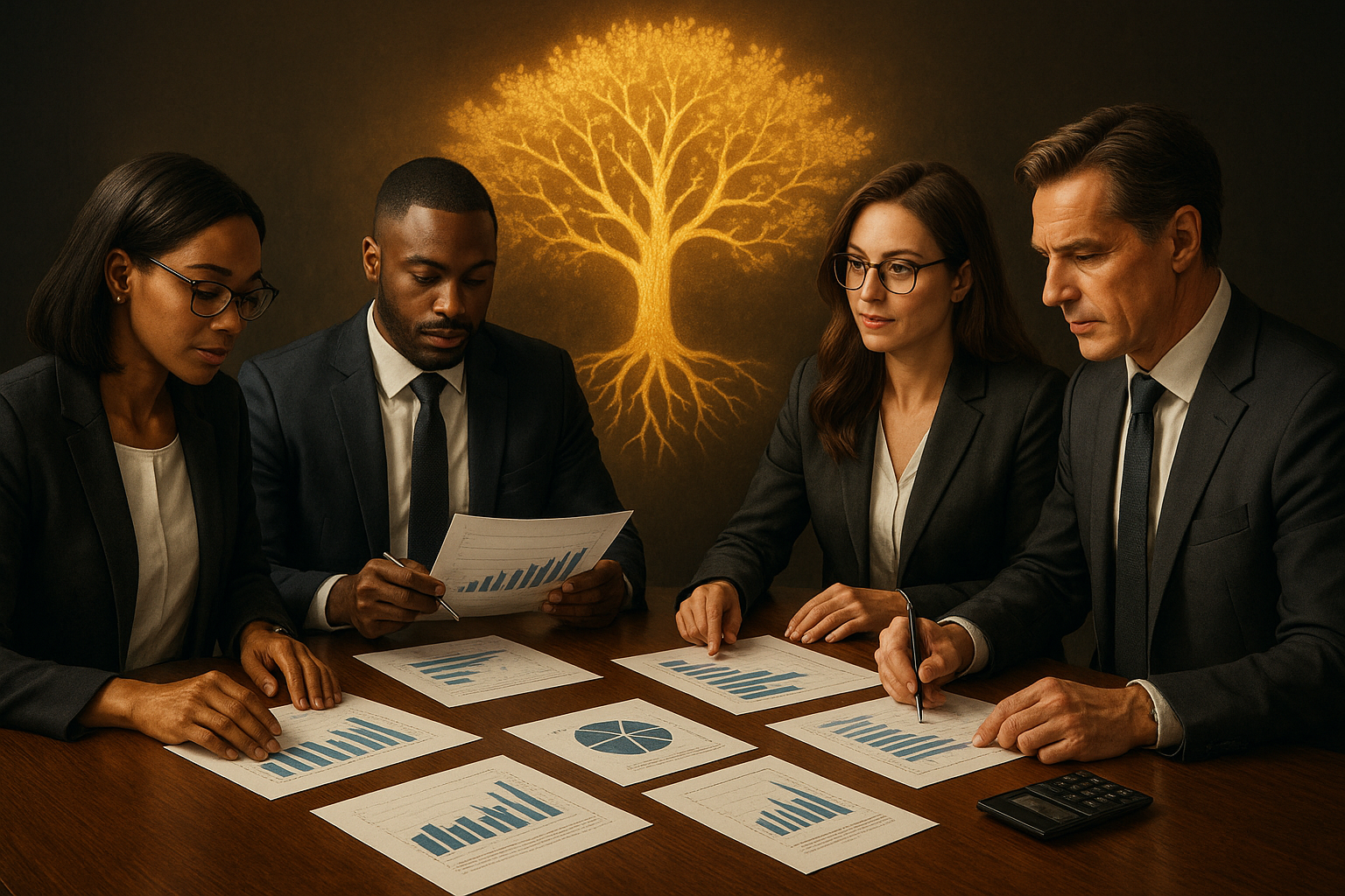 Financial advisors analyzing charts under a golden tree symbol, representing Generational Growth’s suite of premium tools for strategic wealth planning and education