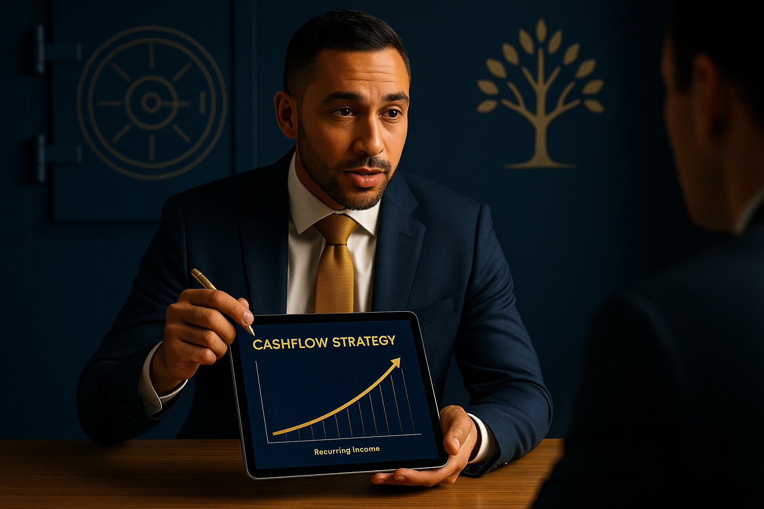Financial advisor presenting a cash flow strategy with rising growth curve, symbolizing recurring income, liquidity, and strategic wealth optimization.