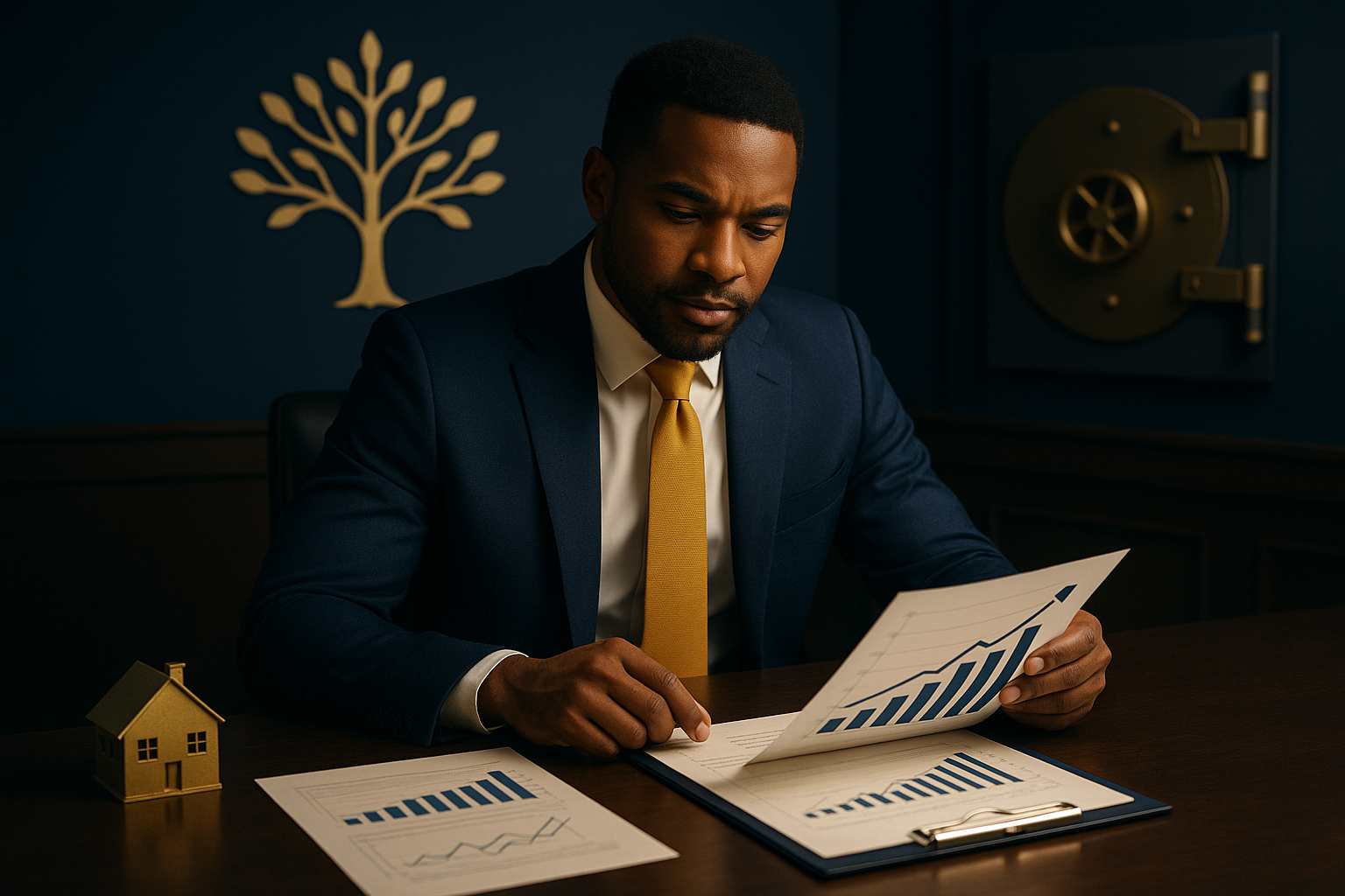 Generational Growth advisor reviewing policy loan performance charts and real estate returns, demonstrating how whole life insurance cash value can fund property investments