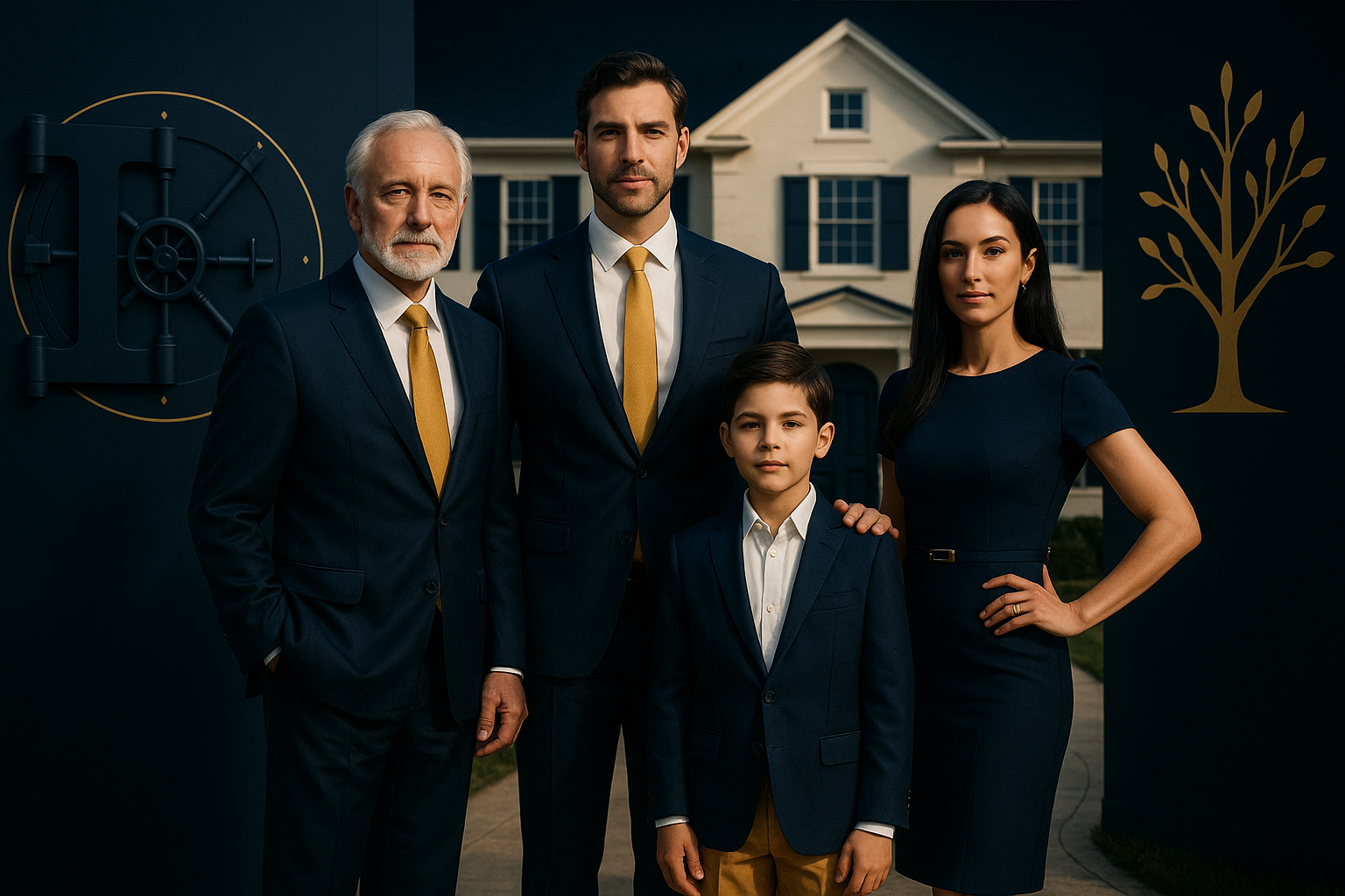 Three generations of a family standing confidently in front of a home, representing the Rockefeller playbook of legacy, protection, and financial structure.