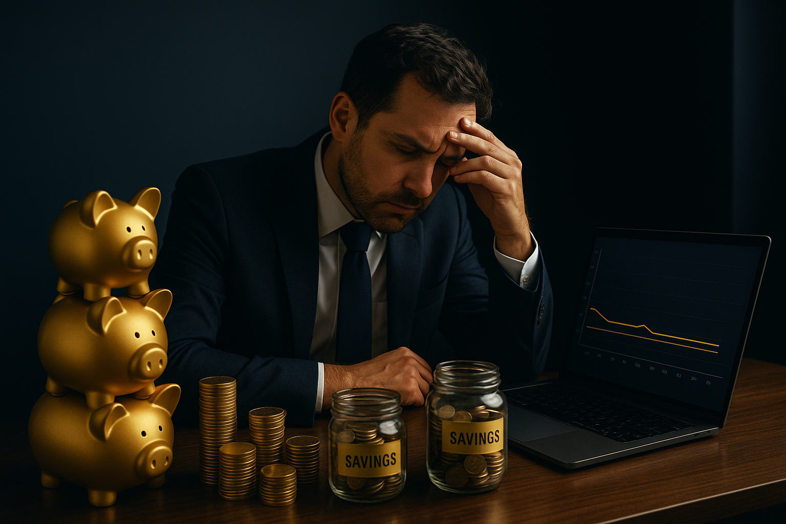 Concerned investor reviewing a declining savings chart, illustrating how inflation and low interest erode traditional savings accounts.