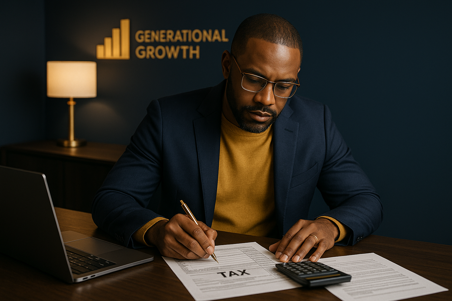 Financial strategist calculating taxes at a desk with Generational Growth logo, representing the principle of earning by not losing through efficient tax planning.
