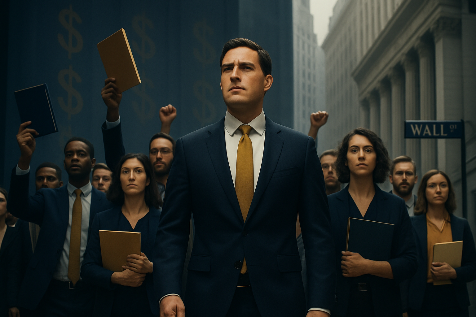 Confident business leader standing before a group of professionals holding books, symbolizing a movement toward purposeful giving and financial reform.