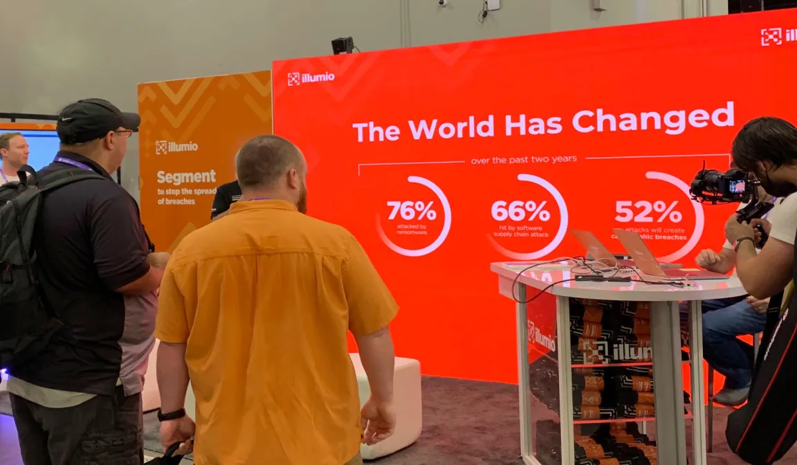 A banner at a convention saying "The World has changed. Over the past two years 76% attacked by ransomware, 66% hit by software supply chain attack, 52% of attacks will create catastrophic breaches."