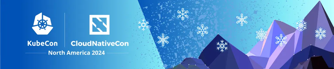 Blue and purple mountains with the KubeCon logo