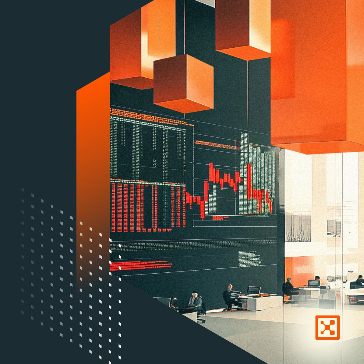A modern office setting with large orange geometric shapes hanging from the ceiling. 