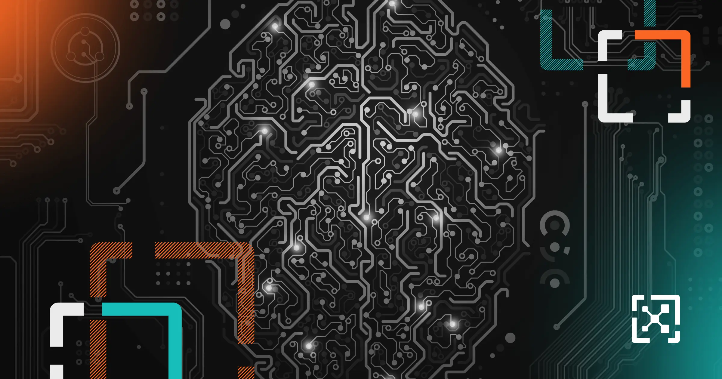 A brain drawn from computer circuits to represent AI 