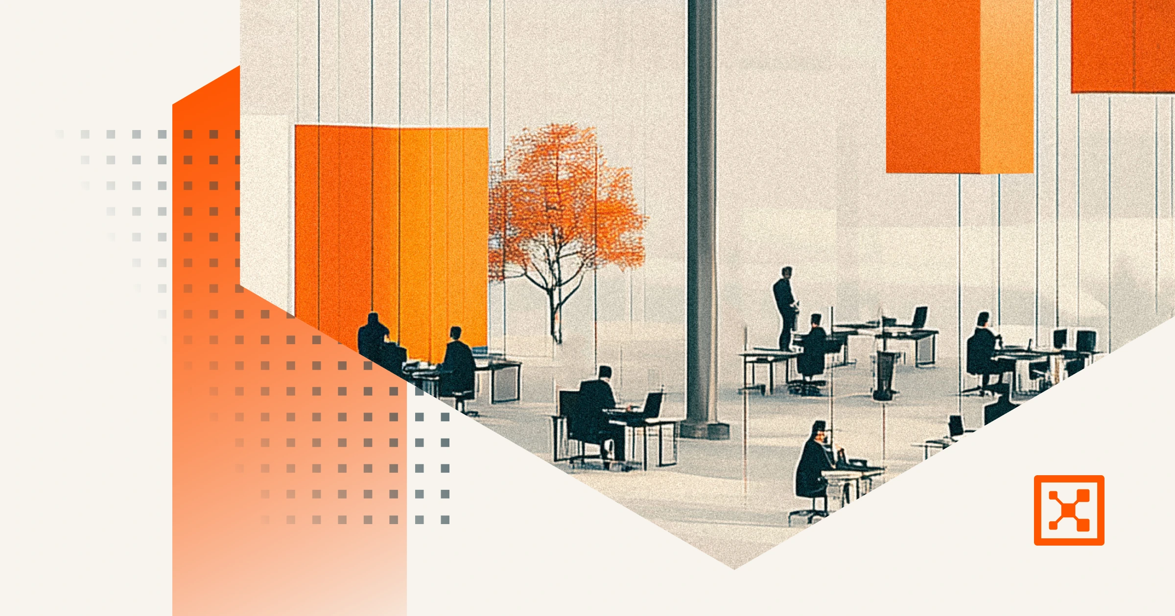 Stylized office scene with people working at desks and orange boxes hanging from the ceiling