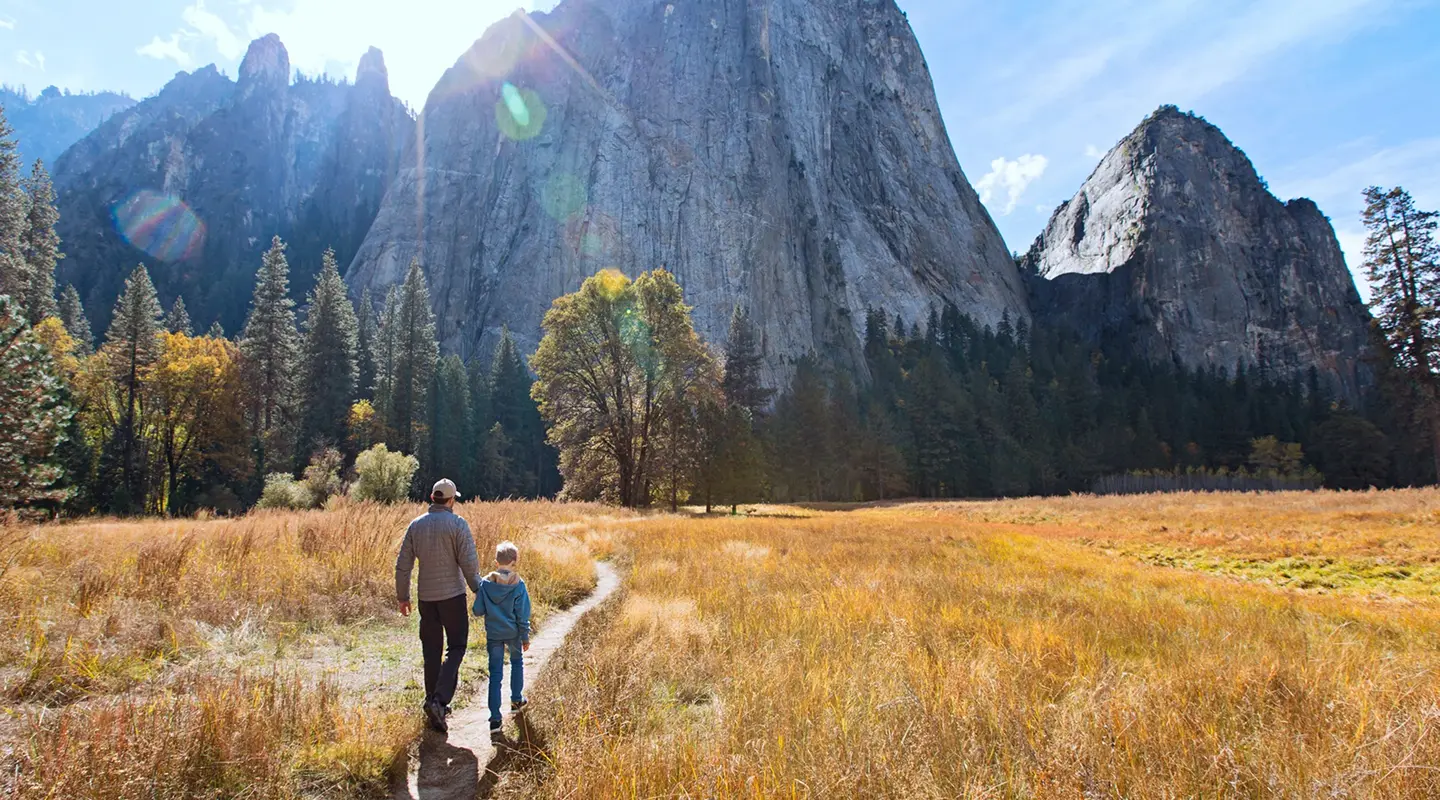 a man and child walking on a path in a field with tall mountains