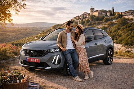 Couple leaning on gray Peugeot SUV parked on scenic hill with town and vineyards in the background at sunset.