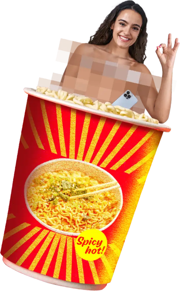 A collage of a woman in a cup of instant noodles with a phone making an OK sign with her hand - showing our concept and design for the Spicy Noods campaign