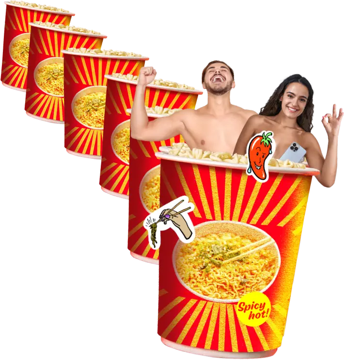 A collage of a man, woman and phone in a cup of instant noodles making an OK sign - showing our concept and design for the Spicy Noods campaign