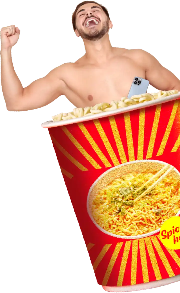 A collage of a happy young man with a phone in a cup of instant noodles - showing our concept and design for the Spicy Noods campaign