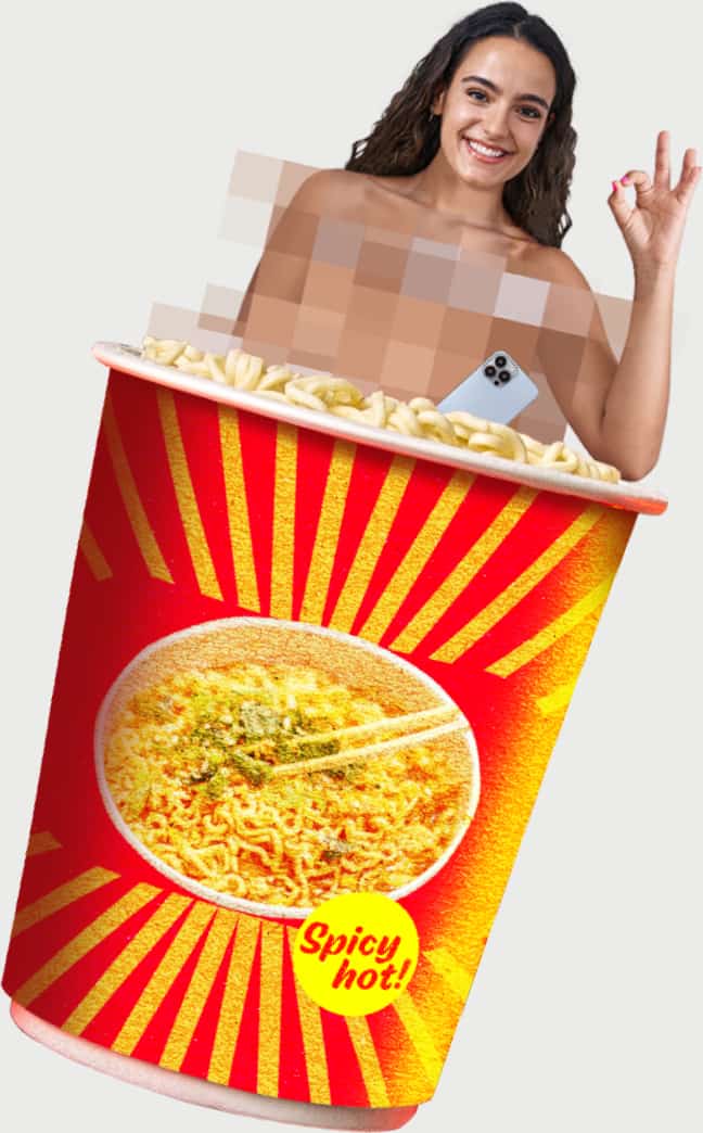 A collage of a woman in a cup of instant noodles with a phone making an OK sign with her hand - showing our concept and design for the Spicy Noods campaign