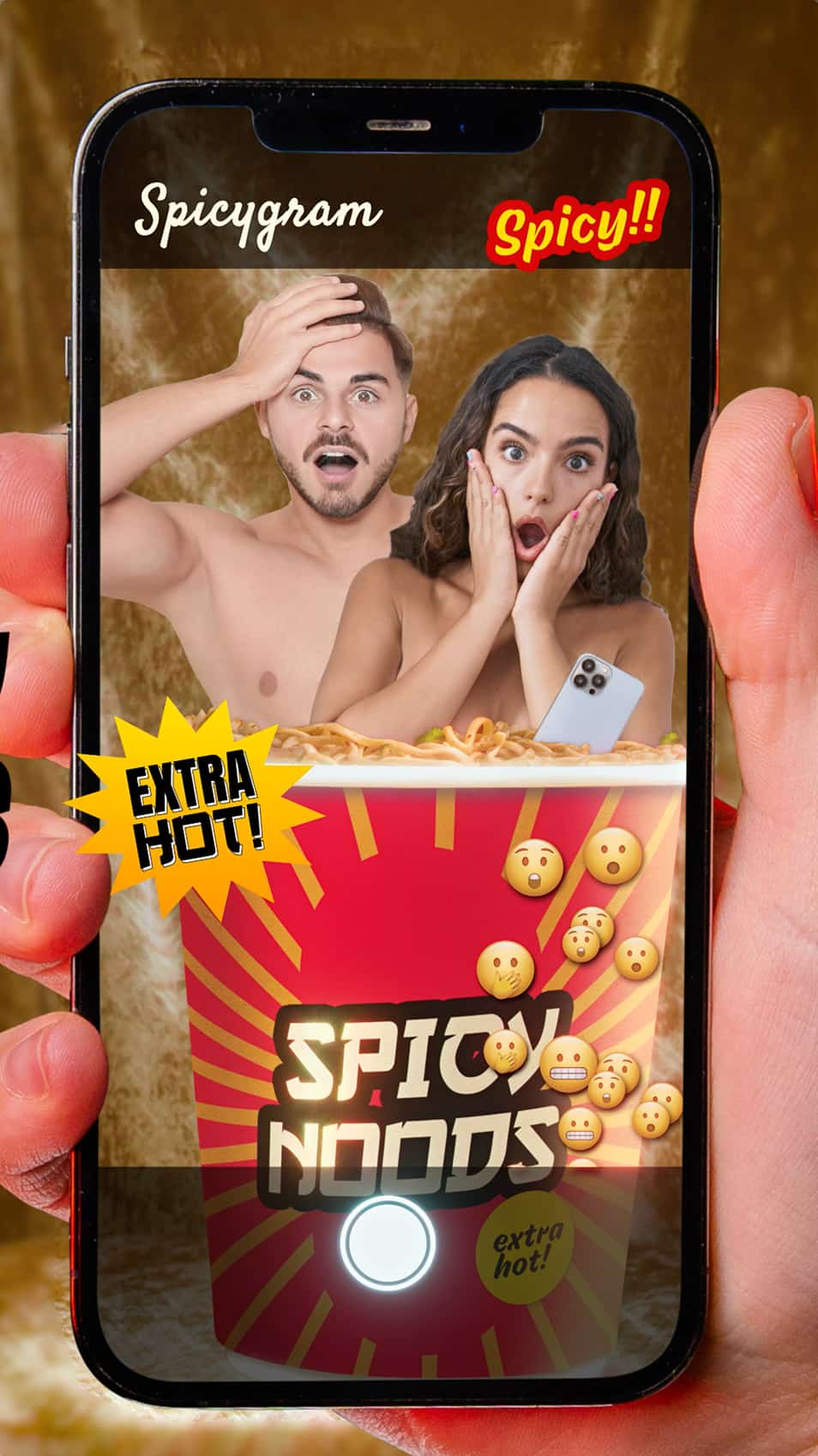 A mockup of a person holding a phone with the screen showing a collage of a man, woman and phone in a cup of instant noodles - showing our concept and design for the Spicy Noods campaign