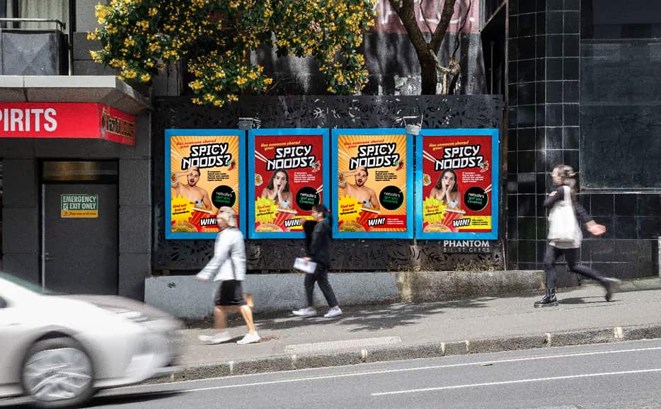 Photo of a set of street posters for Spicy Noods.
