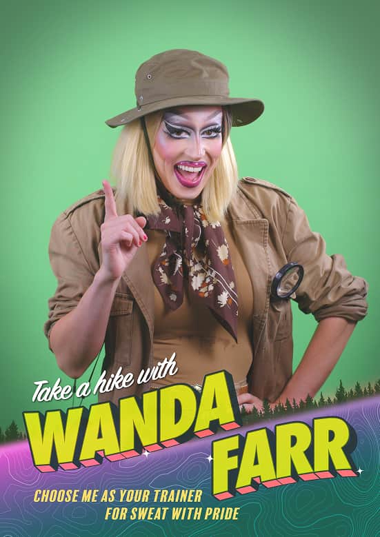 A drag queen dressed as an explorer posing on a green retro poster which says “Take a hike with Wanda Farr.”