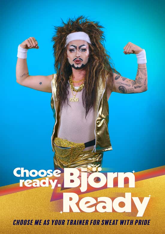 A drag king flexing his biceps on a blue and yellow retro poster which says “Choose ready. Bjoyn Ready.”