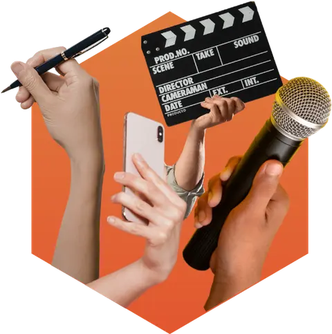 Collage of hands holding a pen, a smartphone, a film clapperboard, and a microphone against an orange hexagonal background.