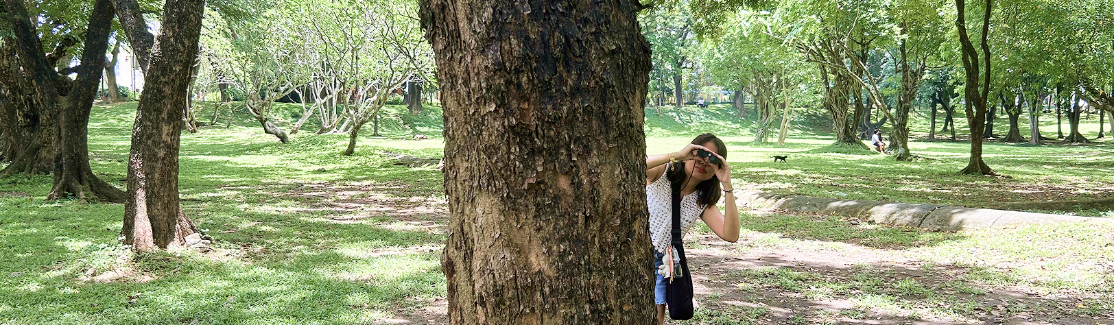 Photo of Nicole peeking behind a tree in a forest with binoculars in her hand facing the camera