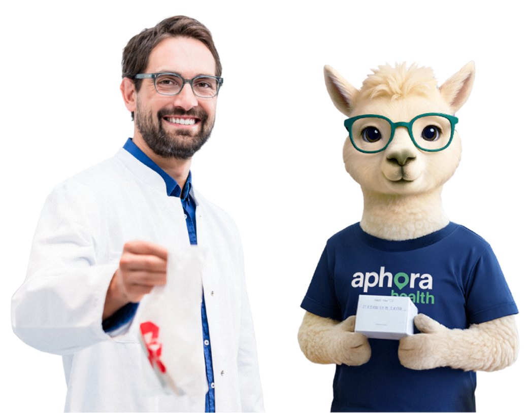 Illustration of a doctor standing next to a friendly alpaca mascot wearing glasses and an Aphora Health t-shirt.