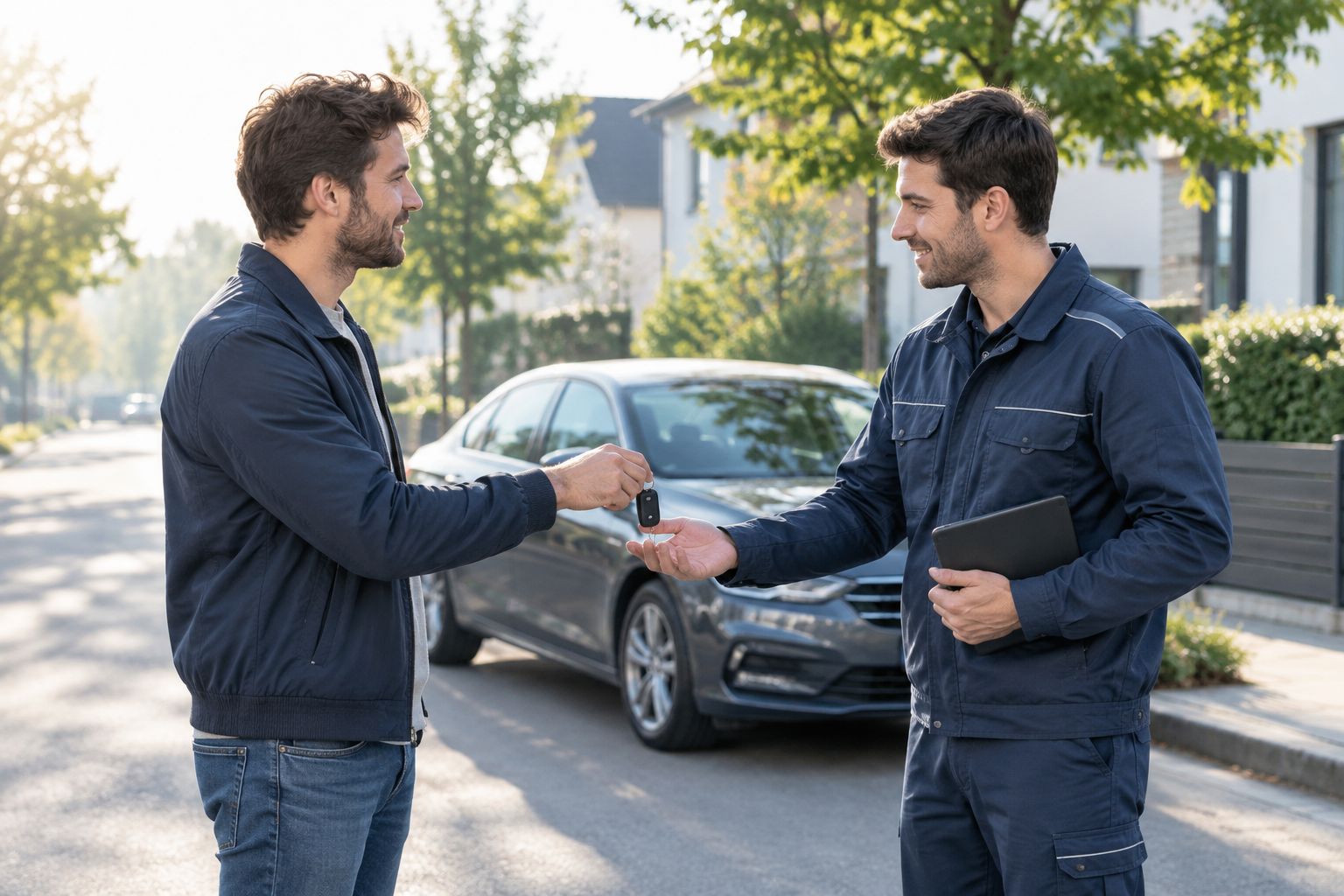 Übergabe der Autoschlüssel für einen Abholservice auf einer Straße
