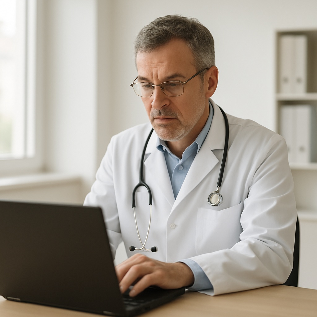 Ein Arzt sitzt am Schreibtisch und arbeitet am Laptop
