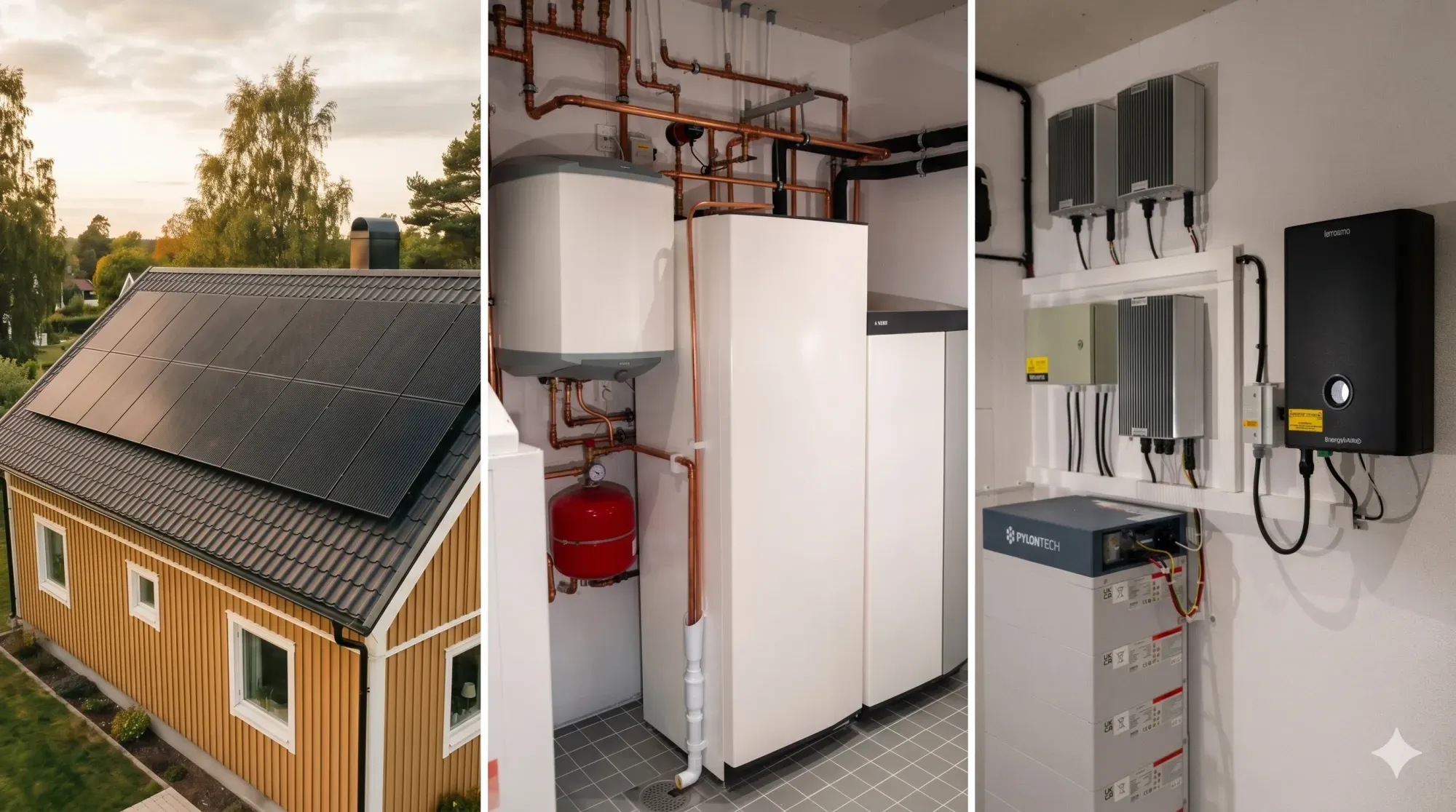 Bildkollage. Till vänster är det ett gult hus med solpaneler på taket. I mitten är det en installerad värmepump. Till höger är det en installation med batteri.