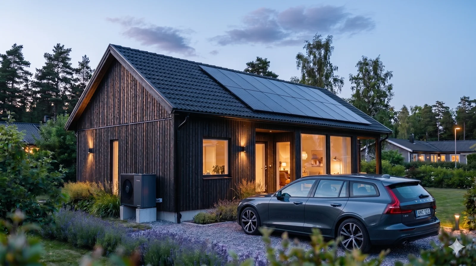 Villa i kvällsljus med solpaneler på taket och Volvo parkerad på uppfarten.