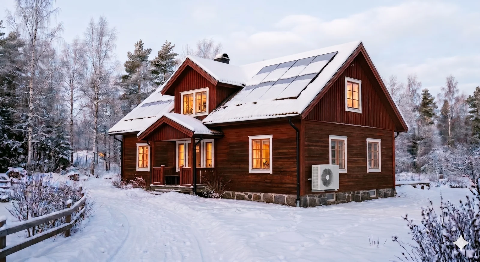 Svensk villa med solpaneler och värmepump täckt i snö. 