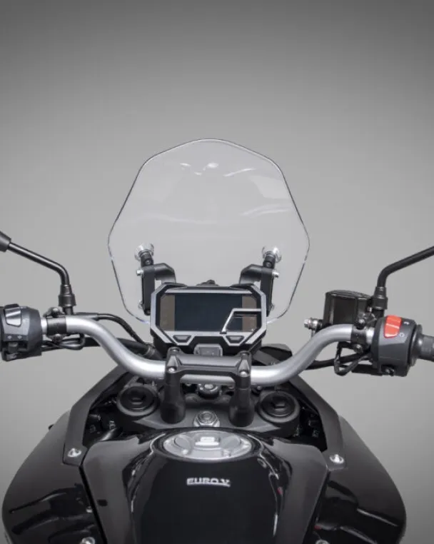 Front cockpit view of the VOGE DS300 showing handlebars and windscreen.