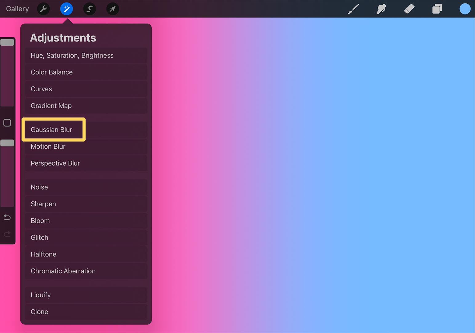 Selecting Gaussian Blur to blend in Procreate