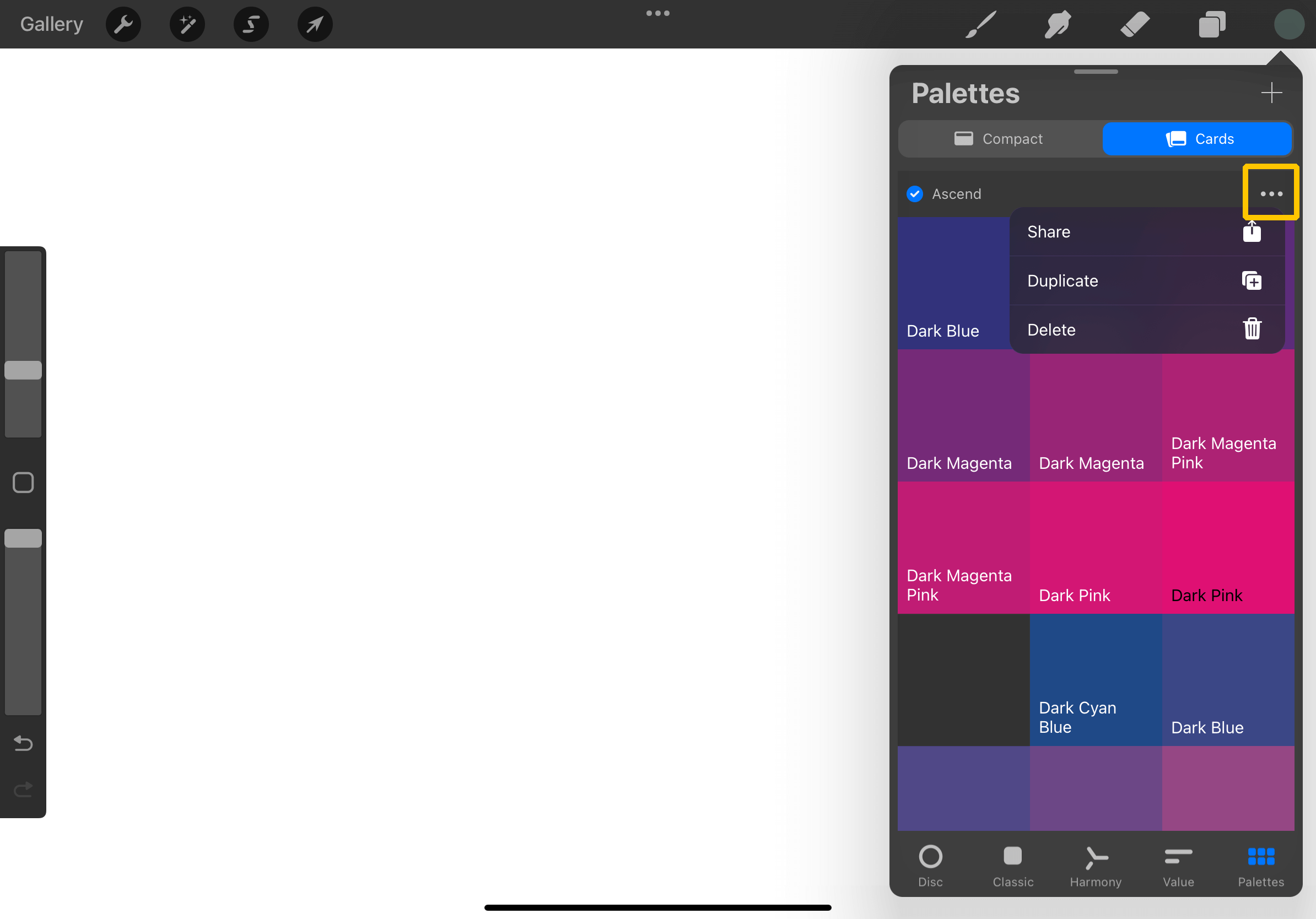 Procreate Palette Menu