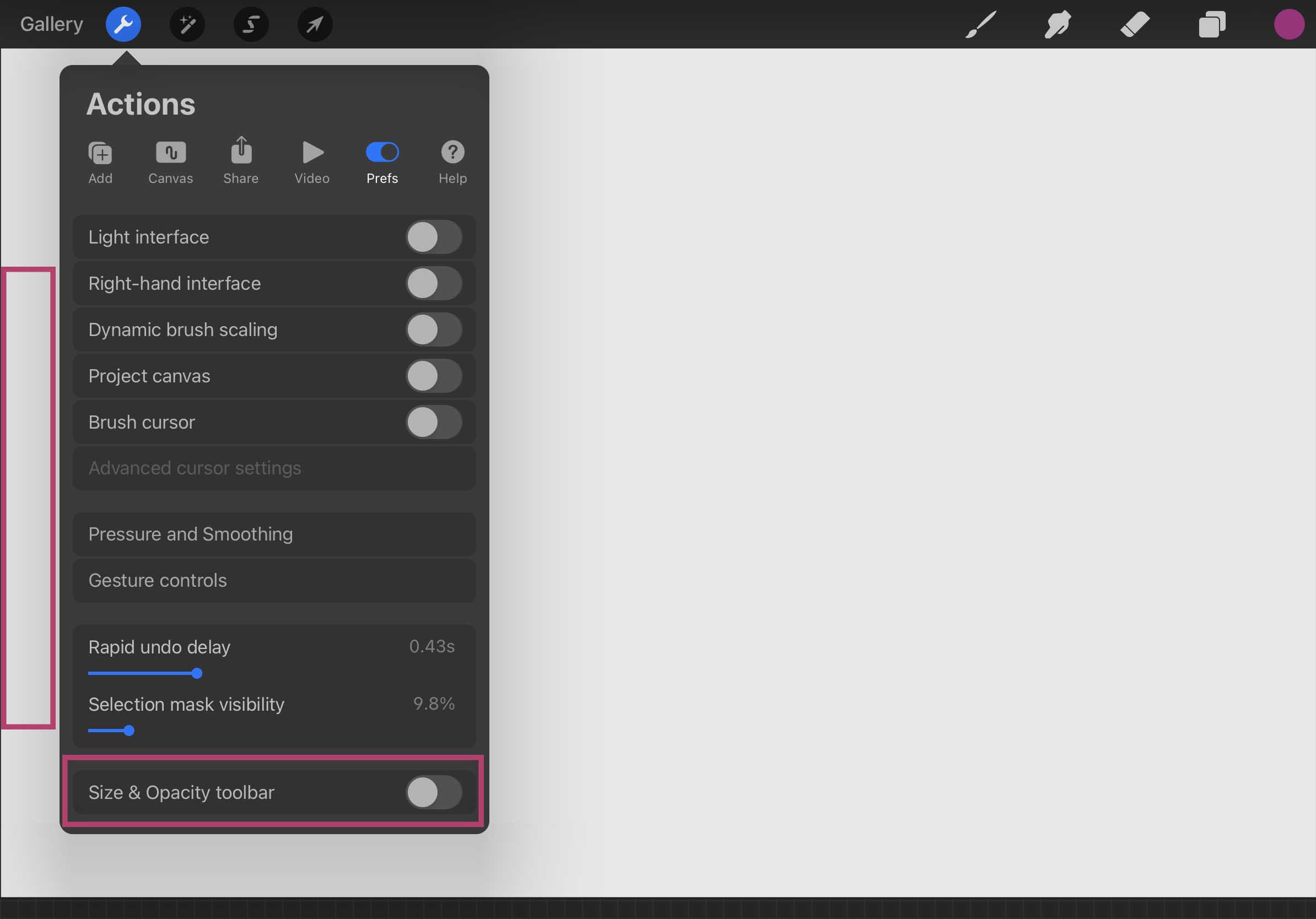 Brush size and opacity slider hidden