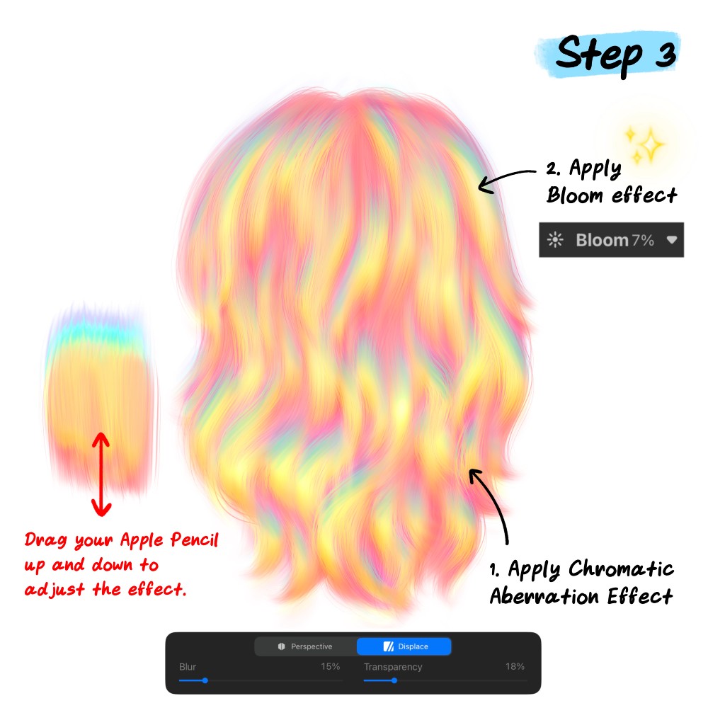 Applying Chromatic Aberration and Bloom effects to create rainbow shine in Procreate