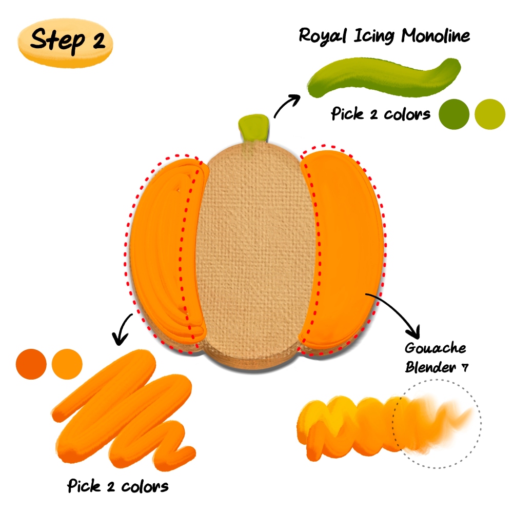 Step 2: Adding orange icing and green stem using the Royal Icing Monoline brush in Procreate.