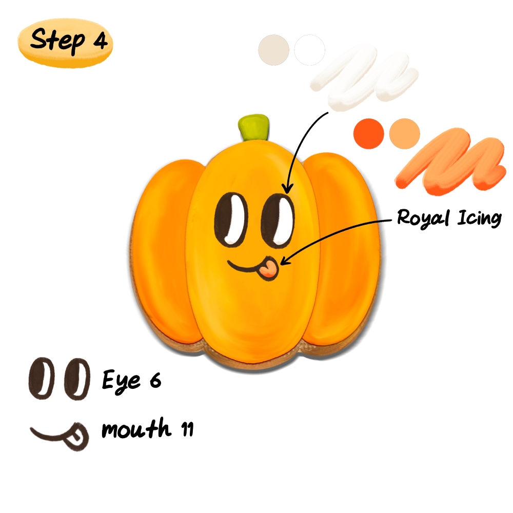 Step 4: Drawing a cute pumpkin face using Eye and Mouth stamps with the Royal Icing brush in Procreate.