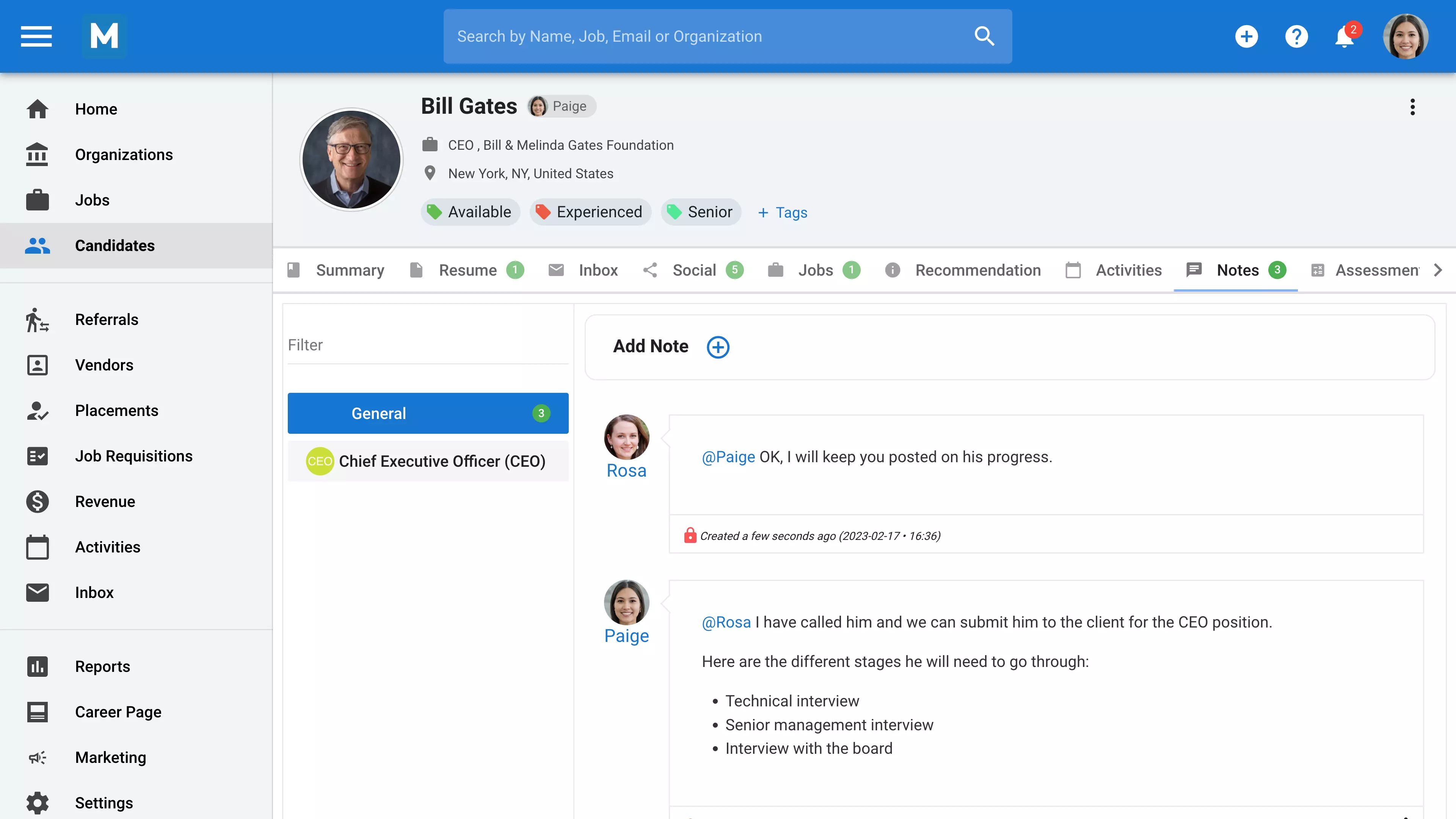 Manatal’s Recruiting CRM enables you to leave notes for your team members or assign them specific tasks to ensure a seamless flow.
