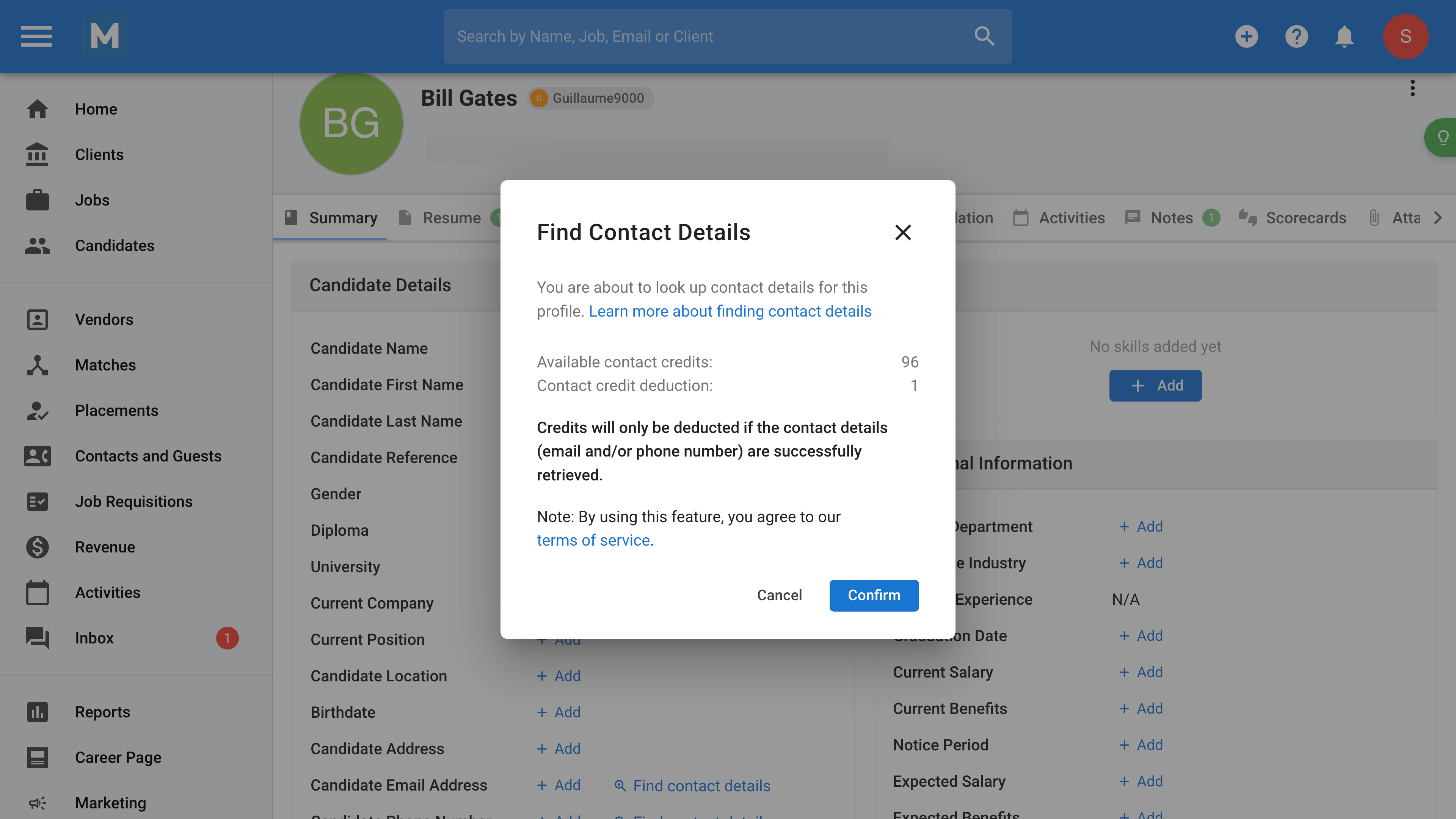 automated candidate sourcing and outreach via ‘find contact details’ feature