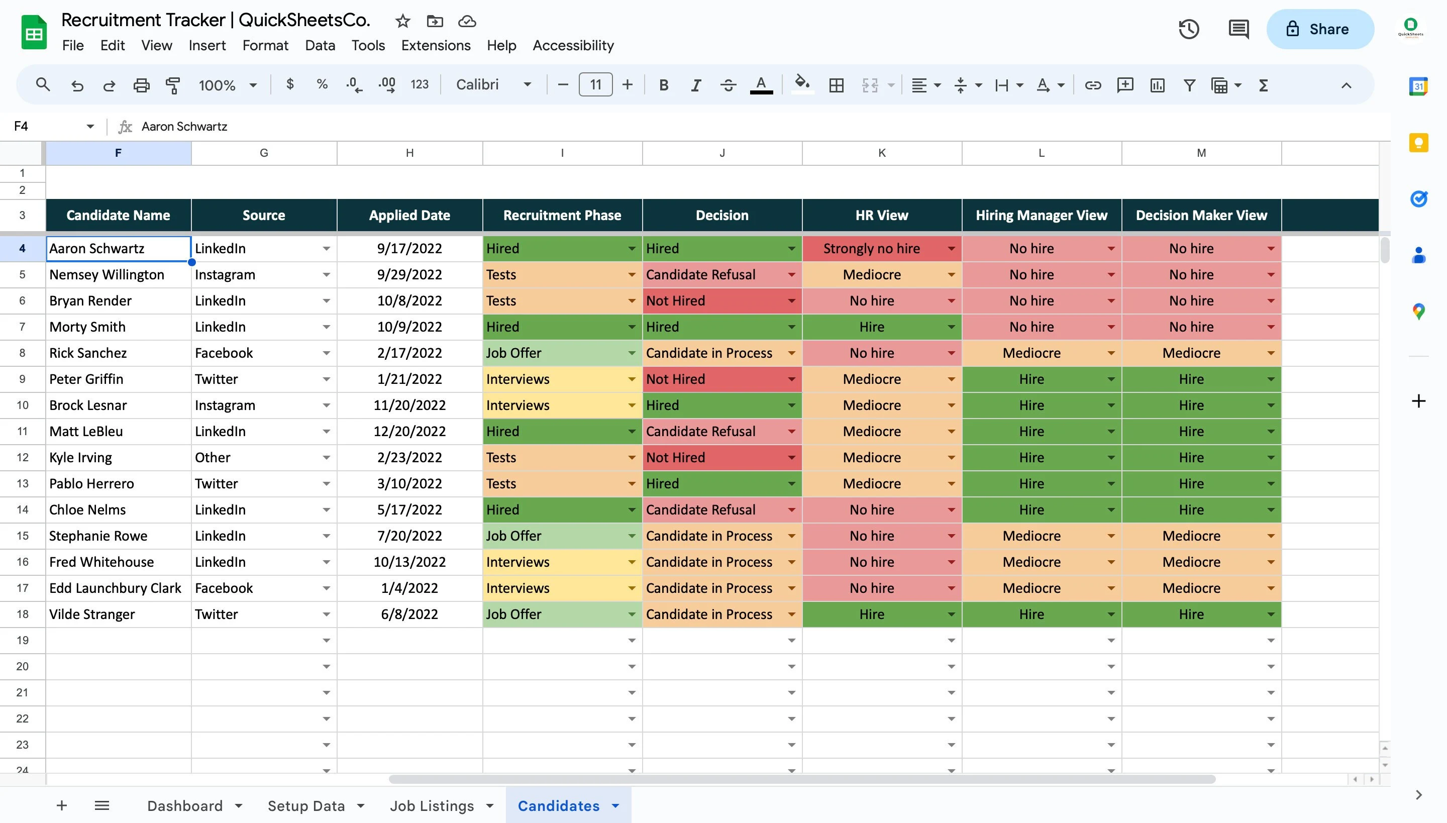 Recruiters can use Google Sheets as their recruitment database. Credit: Etsy