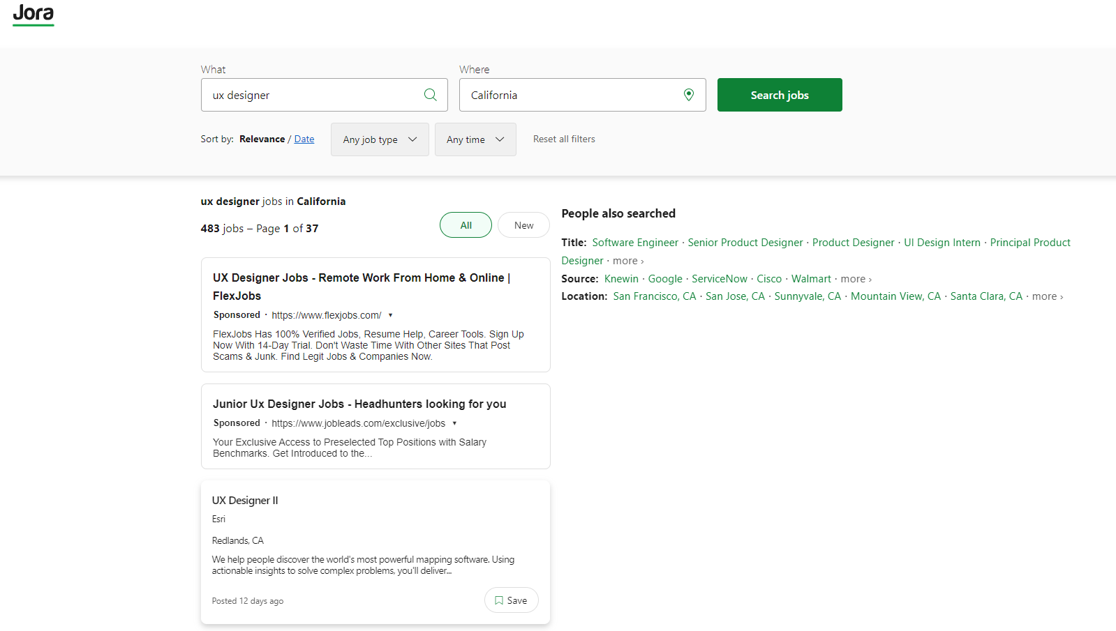 A job search result on Jora, showcasing listings from top job posting sites in the USA.
