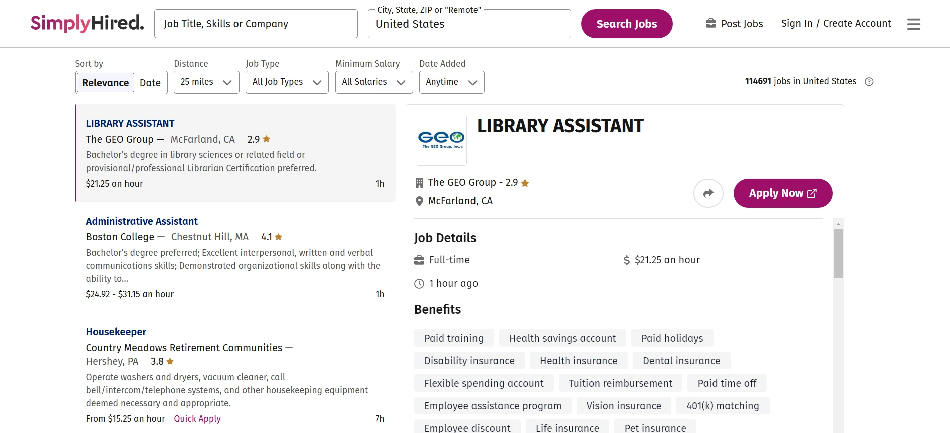 SimplyHired job portal shows listings from thousands of sources.